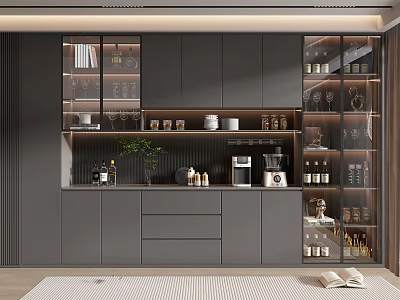 Modern Gray Wine Cabinet With Glass Doors Wine Glasses Coffee Machine And Green Plant 3d model
