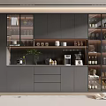 Modern Gray Wine Cabinet With Glass Doors Wine Glasses Coffee Machine And Green Plant