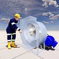 Maintenance Worker Inspecting Industrial Blower With Transparent Casing And Blue Motor
