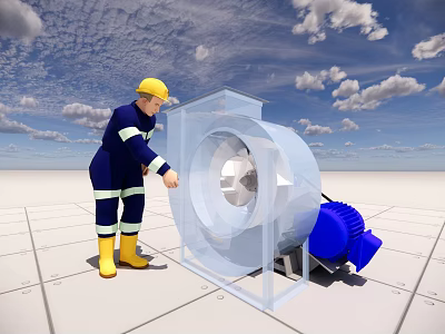 Maintenance Worker Inspecting Industrial Blower With Transparent Casing And Blue Motor 3d model