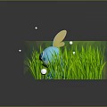 Blue Cartoon Game and Movie Character with Yellow Ears and White Orbs in Green Grass and Water