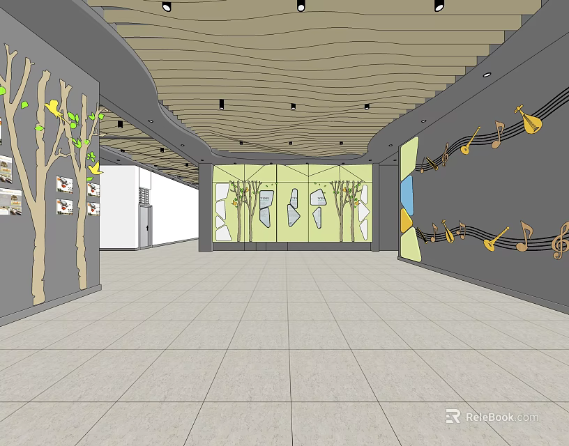 Modern Elevator Hallway With Wooden Ceiling Decorative Walls LED Lighting And Floor Tiles 3d model 