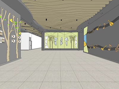 Modern Elevator Hallway With Wooden Ceiling Decorative Walls LED Lighting And Floor Tiles 3d model