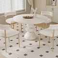 Modern Dining Room With Round Marble Table Four White Chairs Geometric Rug And Window