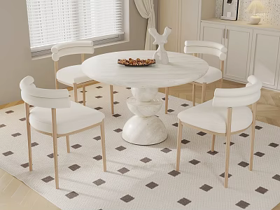 Modern Dining Room With Round Marble Table Four White Chairs Geometric Rug And Window 3d model