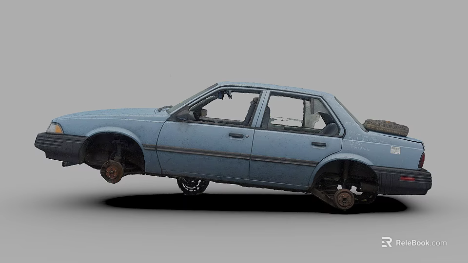 Old Blue Damaged Sedan With Suspended Wheels And Worn Exterior Details 3d model 