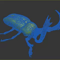 Vibrant Green Beetle With Curved Brown Horns And Colorful Legs On Dark Reflective Surface