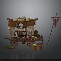 Traditional Vendor Cart With Stone Topped Canopy Wooden Wheels Bottles Fruit Baskets And Pink Flag