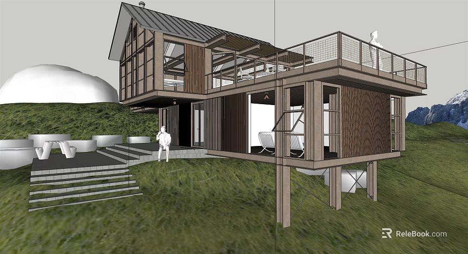 Modern Detached Villa With Wooden Exterior Glass Windows Balcony Steps And Grassland Setting 3d model 
