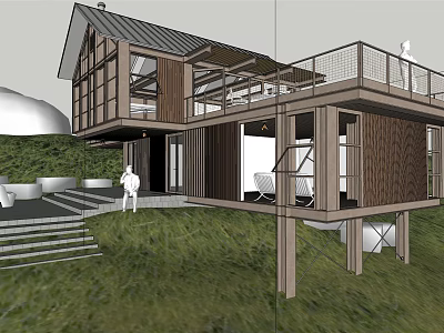 Modern Detached Villa With Wooden Exterior Glass Windows Balcony Steps And Grassland Setting 3d model