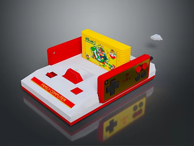 Retro Video Game Console With Red White Design Yellow Cartridge And Controller 3d model