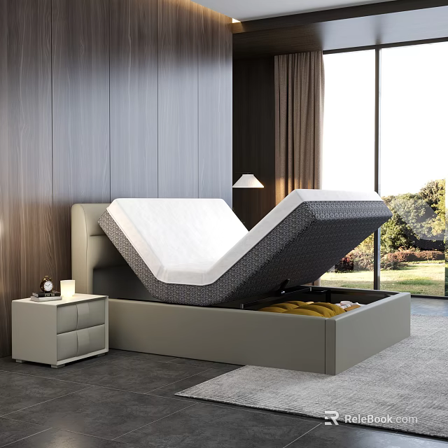 Modern Double Bed With Lift Up Mattress Storage Nightstand And Window View 3d model 