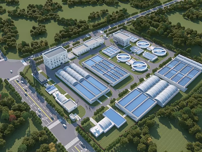 Aerial View of Industrial Plant With Multiple Buildings Circular Tanks Greenery and Roads 3d model