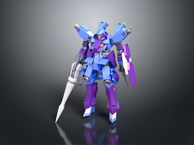 Blue And Purple Mecha Game Movie Character With Spear Weapon And Mechanical Armor Design 3d model