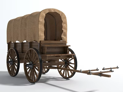 Traditional Wooden Horse Carriage Featuring Canvas Cover Large Wheels And Front Pole Design 3d model