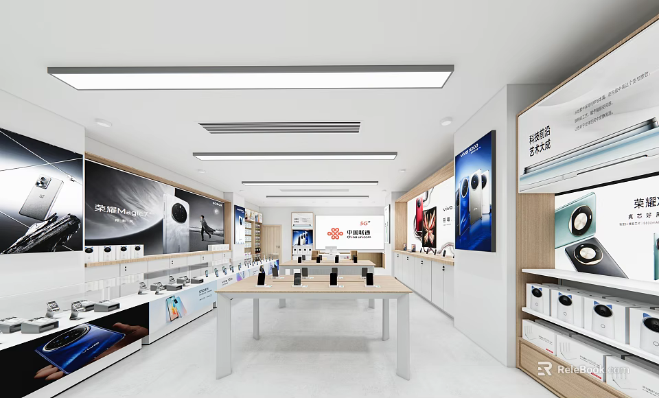 Modern Specialty Store Interior Featuring Headphones Watches Display Tables And Wall Posters 3d model 
