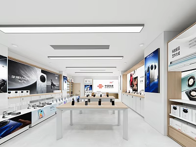 Modern Specialty Store Interior Featuring Headphones Watches Display Tables And Wall Posters 3d model