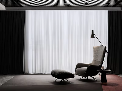 Modern Living Space Interior Design With Single Seater Sofa Ottoman Floor Lamp And Curtains 3d model