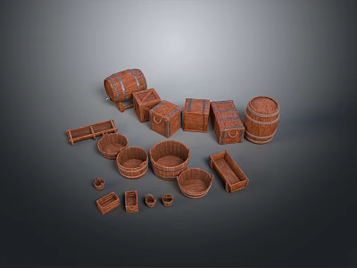 Wooden Household Items Collection Including Barrels Baskets Boxes And Containers 3d model