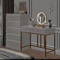 Modern Elegant White Dressing Table with Gold Frame Round Mirror Decorative Items and Multiple Drawers 3d model