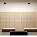 Spacious Modern Locker Room Interior With Wooden Lockers Benches And Washbasin