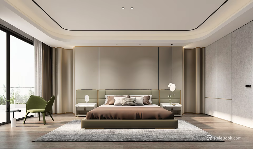 Modern Minimalist Bedroom Interior Design With Beige Headboard Wall Nightstand Lamps And Green Accent Chair 3d model 