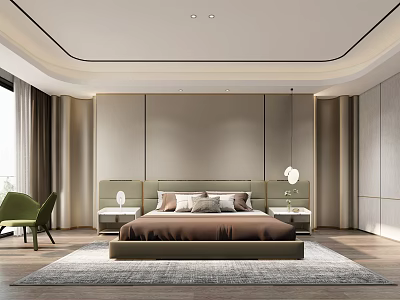 Modern Minimalist Bedroom Interior Design With Beige Headboard Wall Nightstand Lamps And Green Accent Chair 3d model