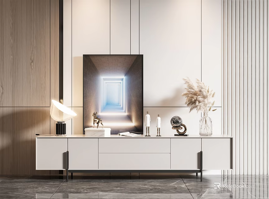 Modern White TV Stand With Black Table Lamp Dried Flowers Decorative Items And Mirror 3d model 