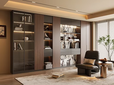 Modern Built-in Bookcase With Glass Doors And Decor Items In Living Room 3d model