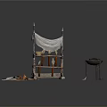 Ancient Style Display Stand With Cloth Drape Vessels Small Stool And Paper Fragments