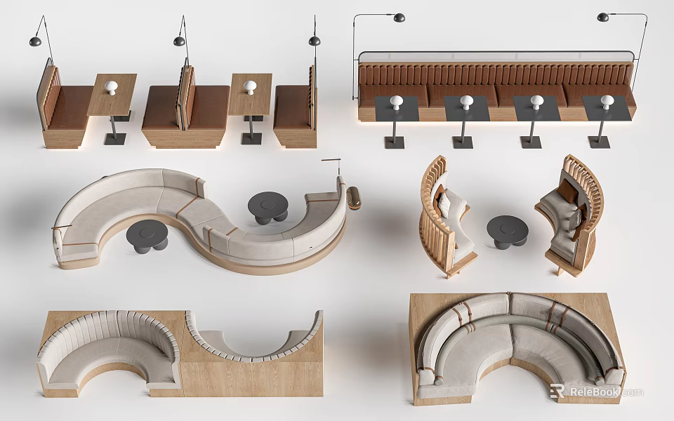 Stylish Banquette Sofa With Curved Design Wooden Frame And Small Round Tables 3d model 