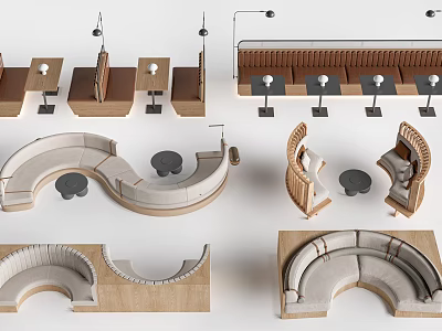 Stylish Banquette Sofa With Curved Design Wooden Frame And Small Round Tables 3d model