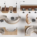 Stylish Banquette Sofa With Curved Design Wooden Frame And Small Round Tables