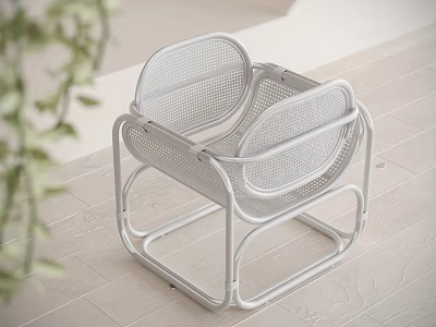 Modern White Stool With Metal Frame And Mesh Design On Wooden Floor And Green Plant 3d model