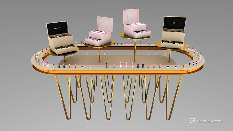 Functional Table With Golden Stand Open Pink Boxes Items And Small Bottles On Edge 3d model