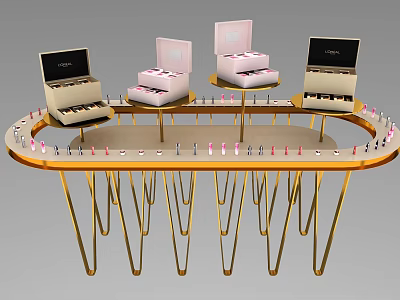Functional Table With Golden Stand Open Pink Boxes Items And Small Bottles On Edge 3d model