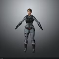 Futuristic Female Warrior Character in Armored Combat Suit Standing Against Gray Background