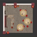 Traditional Chinese Restaurant Interior With Red Lanterns Round Tables And Baoji Chicken Sign