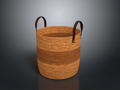Handwoven Wicker Storage Basket With Leather Handles And Brown Striped Design 3d model