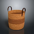 Handwoven Wicker Storage Basket With Leather Handles And Brown Striped Design