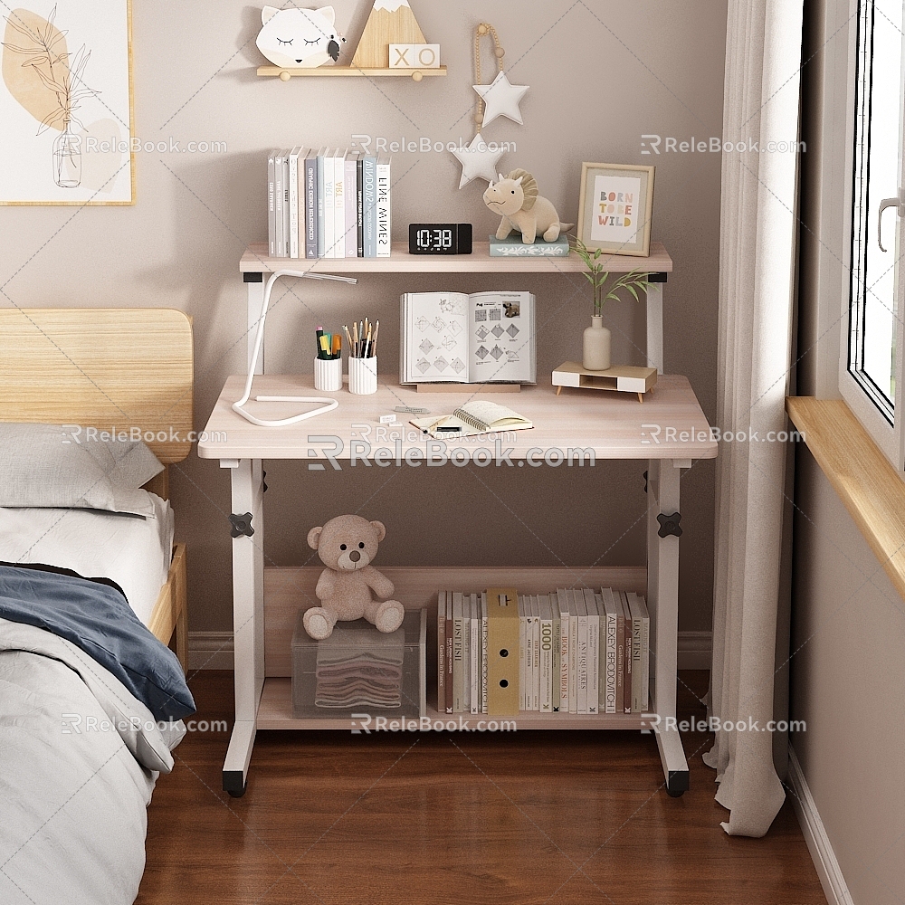 Nordic Bedroom Desk Children's Study Table Storage Rack 3d model