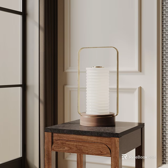 Modern Table Lamp With Brass Frame And White Ribbed Lampshade On Wooden Table 3d model 