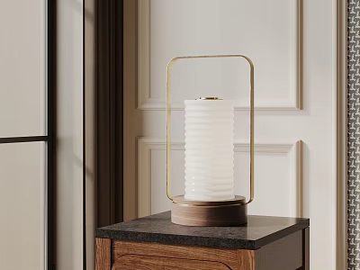 Modern Table Lamp With Brass Frame And White Ribbed Lampshade On Wooden Table 3d model