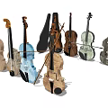Collection of String Musical Instruments and Art Supplies with Bows and Various Styles