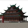 Traditional Ancient Chinese Architecture With Green Curved Eaves And Red Wooden Pillars