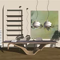 Stylish Modern Wooden Desk With Curved Bookshelf Pendant Lights Wall Art Chair And Plant