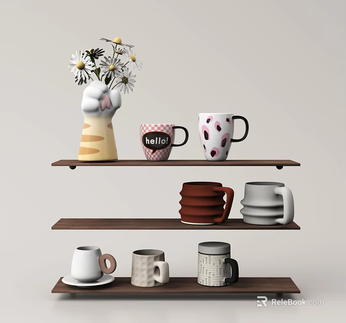 Tableware Set With Cat Paw Vase Daisies And Various Designed Stacked Mugs On Wooden Shelves 3d model 