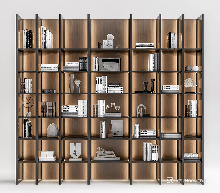 Modern Wooden Bookcase With Open Shelving Design Displaying Books Decorative Sculptures And Vases 3d model 