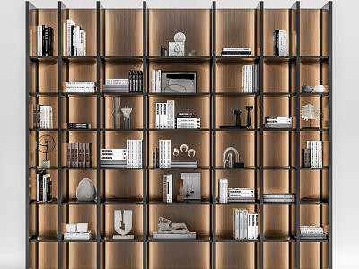 Modern Wooden Bookcase With Open Shelving Design Displaying Books Decorative Sculptures And Vases 3d model