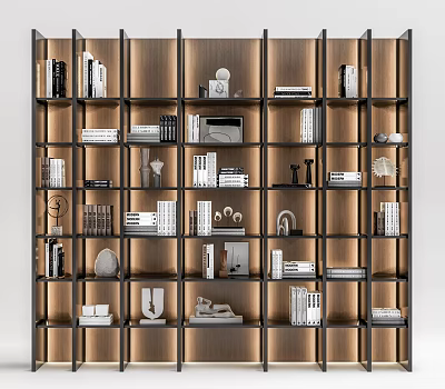 Modern Wooden Bookcase With Open Shelving Design Displaying Books Decorative Sculptures And Vases 3d model